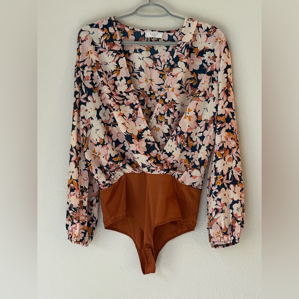 Sheer Flowy Cottagecore Floral V-Neck Surplice Long Sleeve Bodysuit